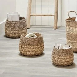 Pacific Lifestyle Set Of 3 Woven Natural Seagrass & Palm 2-Toned Round Baskets