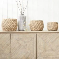 Pacific Lifestyle Set Of 3 Plaited Natural Seagrass & Palm 2-Toned Round Baskets