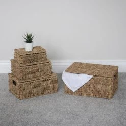 JVL Seagrass Set Of 4 Storage Baskets With Lids